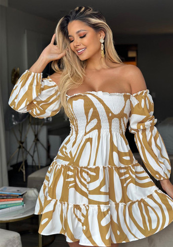 Off Shoulder Sexy Shirred Long Sleeve Ruffle Casual Dress