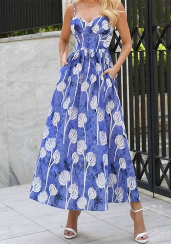 Fashion Floral Blue Sexy Printed Slim Waist Cami Long Dress