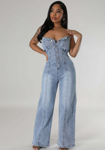 Light Blue Strapless Denim Wide-leg Jumpsuit