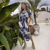 Leaf Printed Short Sleeve Casual Long Shirt Dress