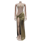 Fashionable Rhinestone See-through Mesh Patchwork Slit Metallic Maxi Dress