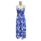 Fashion Floral Blue Sexy Printed Slim Waist Cami Long Dress