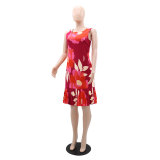 Stylish Chic Printed Sleeveless Patchwork Pleated Dress