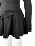 Sports Casual Tight Fit Long Sleeve Top +Mini Skirt Slim Waist Solid 2PCS Set