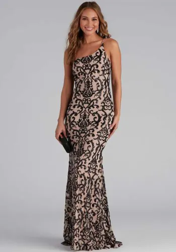 Sequin Embellished Sexy Slash Shoulder Formal Party Evening Dress