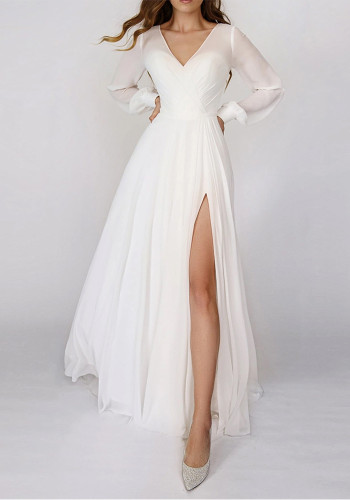 White V-Neck Slit Long Sleeve Elegant Maxi Dress