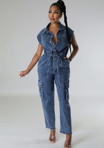 Sleeveless Drawstring Washed Denim Jumpsuit with Pockets