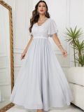 Sequin Patchwork V-neck Sexy Short Sleeve Long Evening Dress