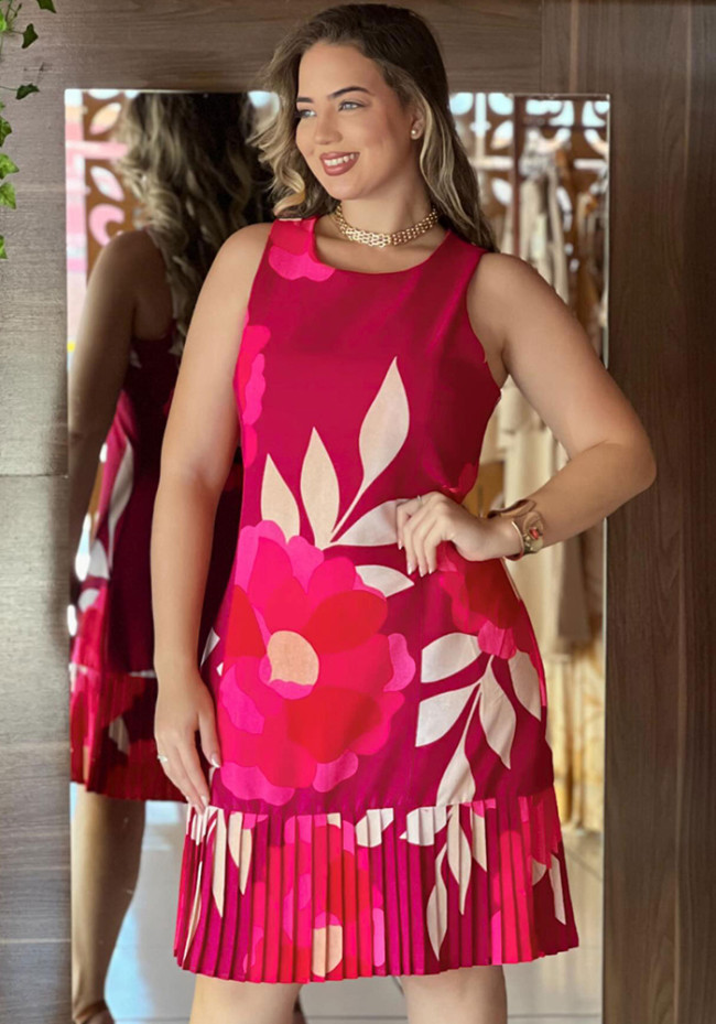 Stylish Chic Printed Sleeveless Patchwork Pleated Dress
