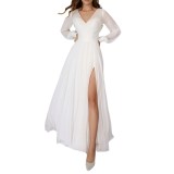 White V-Neck Slit Long Sleeve Elegant Maxi Dress