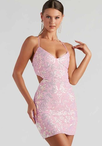 Sexy Pink Sequin Lace-Up Back Mini Party Dress