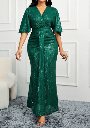 Green Sequin V-Neck Half-Sleeve Ruched Evening Dress