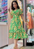 Print Ruffle V Neck Short Sleeve Slim Waist Midi Dress