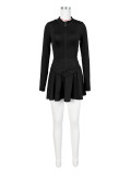 Sports Casual Tight Fit Long Sleeve Top +Mini Skirt Slim Waist Solid 2PCS Set