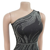 Sexy Black Slash Shoulder Beaded Maxi Dress