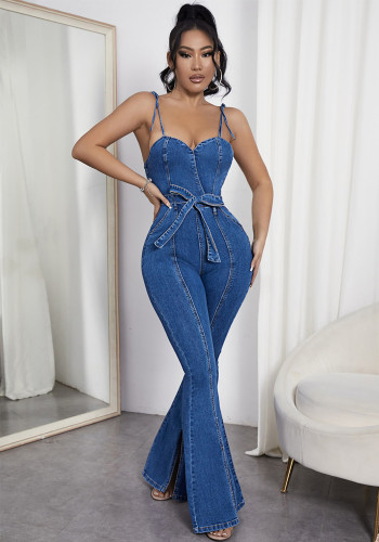 Casual Sexy Denim Slit Flare Jumpsuit