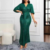 Green Sequin V-Neck Half-Sleeve Ruched Evening Dress