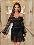 Sexy Chic Beaded Off Shoulder Mesh Patchwork Party Dress