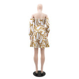 Off Shoulder Sexy Shirred Long Sleeve Ruffle Casual Dress