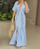 Chic Striped Turndown Collar Maxi Shirt Dress