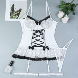 Lace Pathwork Lace-Up Bowknot Black and White Sexy Lingerie 2PCS Set