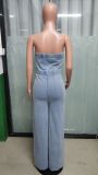 Light Blue Strapless Denim Wide-leg Jumpsuit