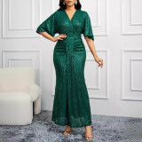 Green Sequin V-Neck Half-Sleeve Ruched Evening Dress