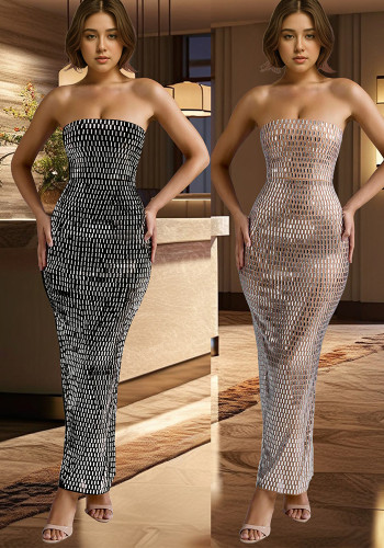 Sexy Rhinestone Strapless Bodycon Maxi Dress