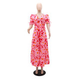 Floral Printed V-neck Sexy Puff Short Sleeve Hollow Out Tie Maxi Dress