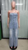 Light Blue Strapless Denim Wide-leg Jumpsuit