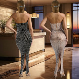 Sexy Rhinestone Strapless Bodycon Maxi Dress