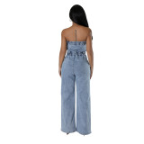 Light Blue Strapless Denim Wide-leg Jumpsuit