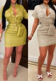 Trun Down Collar Button Belted Pocket Trendy Dress