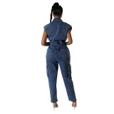 Sleeveless Drawstring Washed Denim Jumpsuit with Pockets