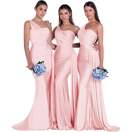 Pink One Shoulder Bridesmaid Dress Ruched Evening Dress