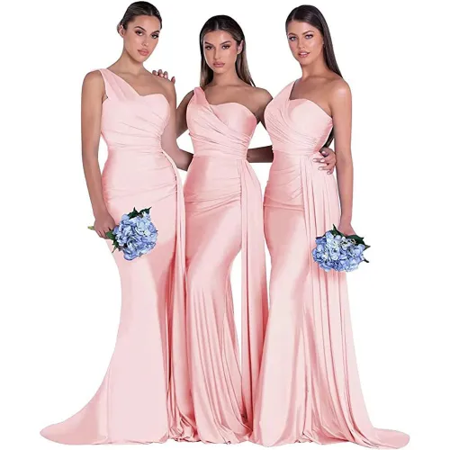 Pink One Shoulder Bridesmaid Dress Ruched Evening Dress