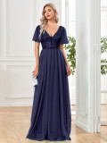 Sequin Patchwork V-neck Sexy Short Sleeve Long Evening Dress