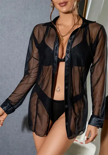 Sexy Lingerie Black Mesh Long Sleeve See Through Shirt (with Panty)