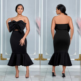 Women Bow Decor Strapless Mermaid Midi Dress
