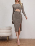Long Sleeve High Waist Ribbed Knitting Slit Bodycon Dress
