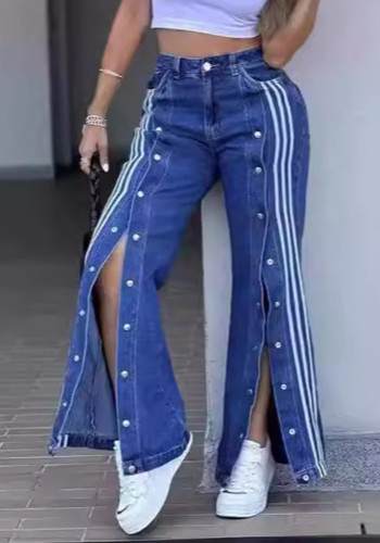 Wholesale Button Striped Wide Leg Loose Casual Denim Pants