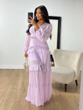 Solid Long Sleeve Elegant Patchwork V-neck Maxi Dress