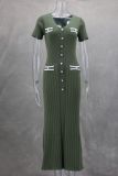 Contrast Knitting Short Sleeve V-neck Button Trim Elegant Long Dress