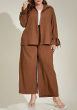 Plus Size Brown Casual Long Sleeve Wide Leg Two-piece Pants Set
