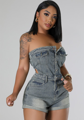Wholesale Casual Strapless Slim Denim Rompers
