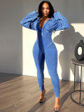 Wholesale Distressed Sexy Deep V Tight Fit Long Sleeve Jumpsuit