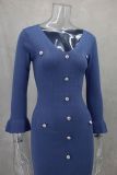Elegant Knitting Long Sleeve V-Neck Button Maxi Dress