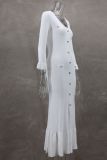 Elegant Knitting Long Sleeve V-Neck Button Maxi Dress