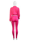 Solid Sports Two-Piece Set Zipper Elastic Buckle Slim Waist Long Sleeve Crop Top Pants