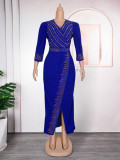 Rhinestone V-Neck Wholesale 3/4 Sleeve Chic Africa Plus Size Long Dress